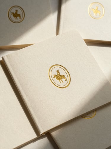 Tactile flat lay of premium children's welcome books with custom gold foil emblem on textured cream paper, soft morning shadows, warm editorial photography