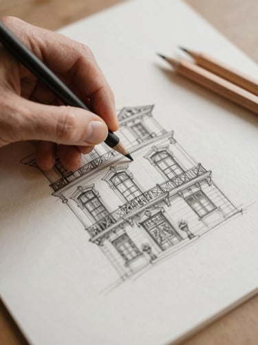 Close-up of a designer's hand sketching a historic hotel facade on textured paper, warm natural daylight, colored pencils nearby, 35mm photography
