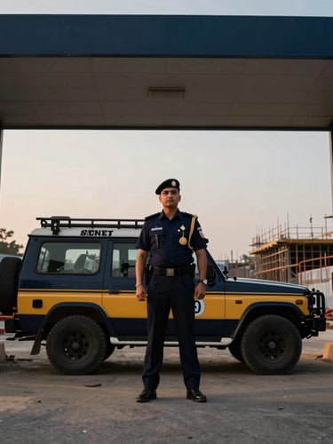 A Ghani Shield Security officer, in sharp uniform, standing beside a branded patrol vehicle at a construction site entrance at dawn, low-angle heroic framing, crisp overcast daylight, deep navy and amber tones.