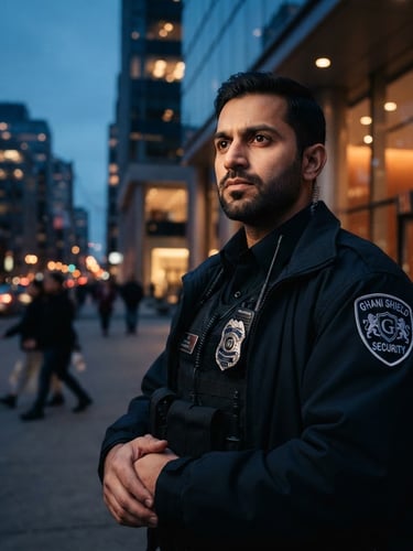 Close-up cinematic editorial photograph of a professional security officer in a sharp, dark uniform, focused expression, with a branded Ghani Shield Security patch visible on the sleeve, dramatic twilight lighting, sharp focus, 35mm lens, low angle heroic framing.
