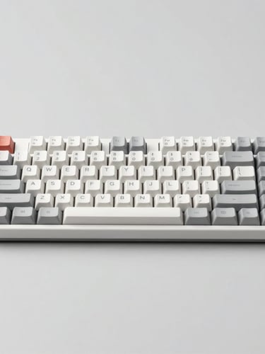 Crisp isolated mechanical keyboard on a clean neutral grey backdrop, high-key studio lighting, sharp focus, modern editorial