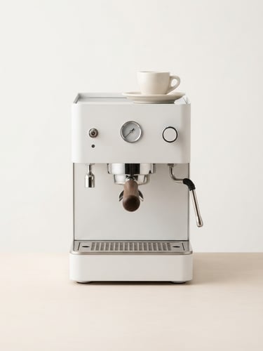 Crisp isolated minimalist espresso machine on a clean off-white backdrop, high-key studio lighting, sharp focus, modern editorial