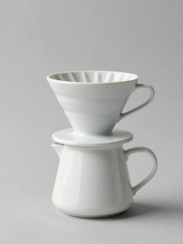 Crisp isolated minimalist ceramic pour-over coffee dripper on a clean warm grey backdrop, high-key studio lighting, sharp focus, modern editorial