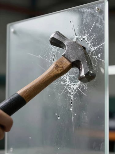 Macro shot of a high-impact hammer strike on a crystal-clear polycarbonate panel, showing localized impact marks with zero cracking, clean industrial lighting.