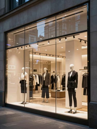Wide-angle exterior shot of a luxury retail storefront illuminated at night, showing flawless optical clarity with no visible distortion through the protective glazing, sharp reflections of city lights on the pristine surface.