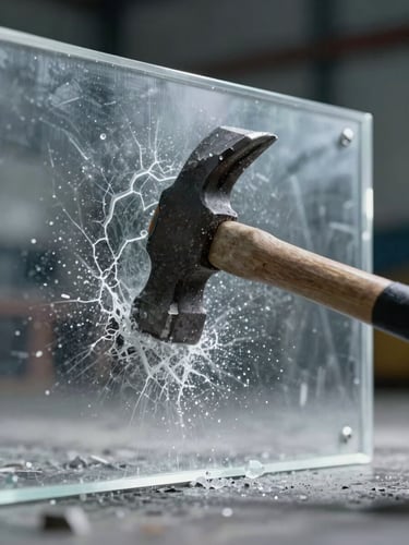 Tight macro shot of a heavy sledgehammer striking a crystal-clear polycarbonate panel, showing zero cracking or penetration under high-impact force, cool industrial lighting.
