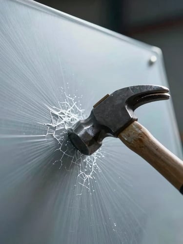 Tight macro shot of a heavy steel hammer striking a clear polycarbonate panel, showing localized impact stress lines and a slight flex but zero cracking, under cool-toned industrial daylight.