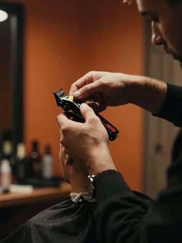 Moody cinematic photography of a professional barber carefully detailing a sharp fade with clippers, dramatic side-lighting, warm orange interior glow, deep shadows, shallow depth of field, 35mm