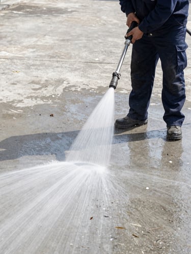 A professional technician in a clean navy uniform operating a high-pressure water stream on a dirty concrete walkway, high contrast clean line visible