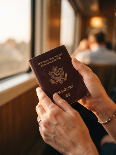 A close-up of a traveler's hands holding a premium passport with a gold-embossed seal, soft natural window light, warm shallow depth of field
