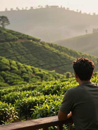 Over-the-shoulder perspective of a traveler looking out from a wooden balcony over lush green tea plantations in Munnar, Kerala, soft morning mist, warm natural light, 35mm