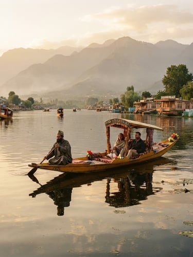 A wide environmental portrait of a traditional wooden Shikara boat on the calm waters of Dal Lake in Kashmir during golden hour, soft warm light reflecting off the water, mist-covered mountains in the distance, 35mm photography