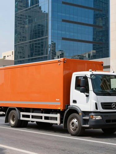 Crisp industrial photography of an E House moving transport vehicle parked in a modern Dubai corporate district, bright midday sun, high-contrast blue and orange tones, 35mm lens.
