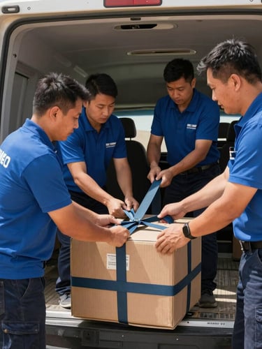 Crisp industrial photography of a professional moving team in clean uniforms systematically securing cargo with heavy-duty straps inside a transport vehicle, bright midday desert daylight