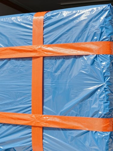 Close-up of industrial protective wrapping on a server rack, heavy-duty orange straps securing the cargo inside a clean truck interior.