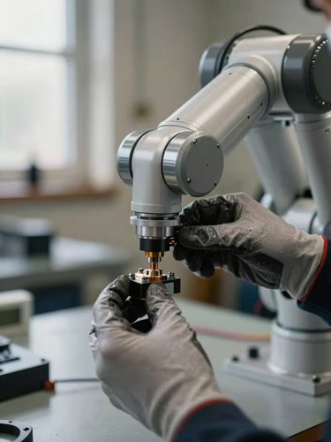 Extreme close-up of a technician's gloved hand adjusting a sensor mount on a robotic joint, bright workshop daylight from a side window, sharp mechanical detail of bolts and wiring harness visible, industrial bench surface in soft background focus