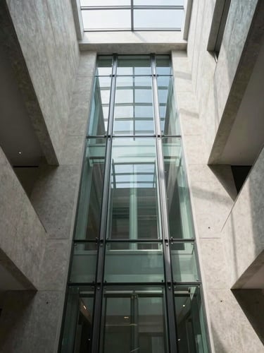 Low-angle architectural shot of a minimalist glass elevator shaft integrated into a modern multi-story private villa, dramatic concrete walls, sharp natural light from a skylight, clean lines.