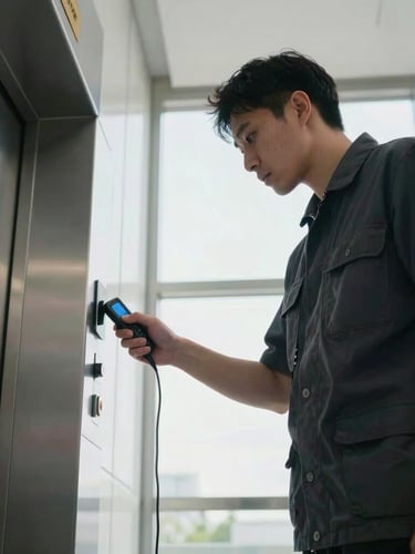 A technician in a clean dark uniform calibrating an elevator door sensor with a digital tool, bright architectural daylight, low-angle perspective