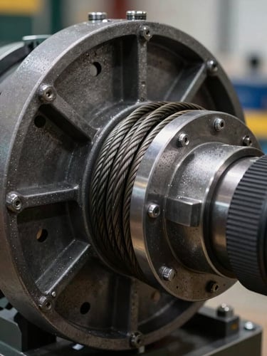 Close-up of a heavy steel mechanical overspeed governor with thick braided steel cables, industrial high-contrast lighting, technical precision