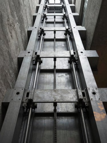 Low-angle architectural shot looking up a modern steel and concrete elevator shaft, high-contrast industrial lighting, dramatic shadows, negative space on left