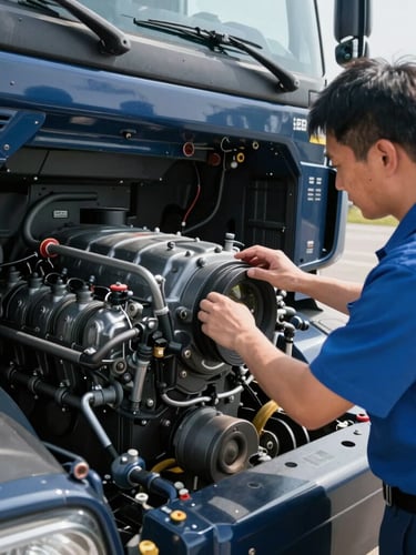 Close-up of a professional driver in a clean uniform inspecting a heavy-duty truck engine in crisp morning daylight, professional industrial photography