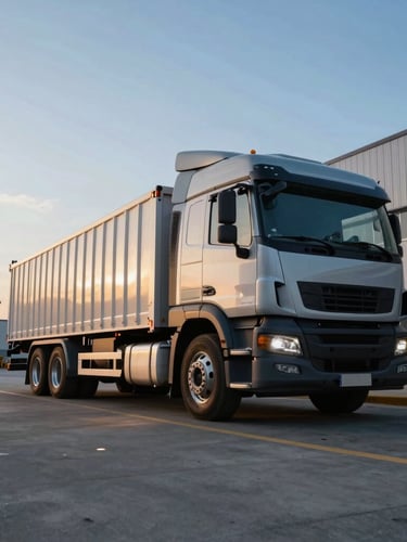Low-angle heroic shot of a modern heavy-duty cargo truck parked at a clean distribution center during morning golden hour, professional industrial photography.