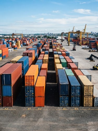 Wide environmental shot of clean 20ft and 40ft steel shipping containers aligned in a secure gravel yard, bright clear daylight, high-contrast industrial framing, 35mm