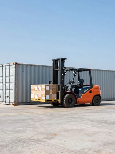 Wide shot of a clean industrial storage yard with a forklift lifting cargo near a 40ft steel shipping container, bright clear daylight, high-contrast