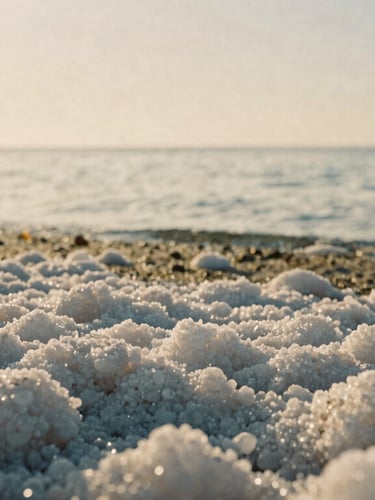 A close-up of delicate salt crystals forming on the quiet shoreline of Mar Menor, soft golden hour sunlight filtering through the hazy Mediterranean air, 35mm film texture