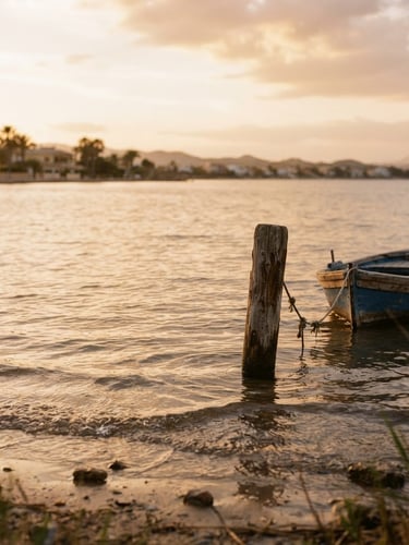 Warm editorial photograph, golden-hour hazy light over the gentle ripples of the Mar Menor lagoon, soft Mediterranean tones, 35mm film texture