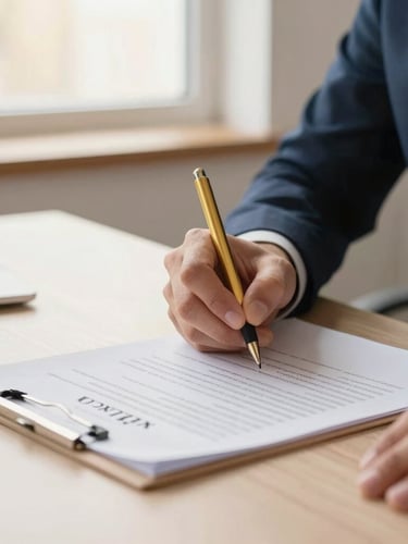 Close-up of a professional signing an employment contract on a clean desk, warm natural window light, deep navy and gold accents, shallow depth of field, 35mm
