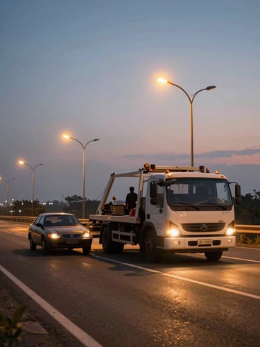 Wide shot of a tow truck arriving on an empty highway at dusk, amber streetlights casting long warm streaks on the asphalt, a working-class sedan pulled to the shoulder, driver standing beside it in silhouette, open sky above, documentary framing