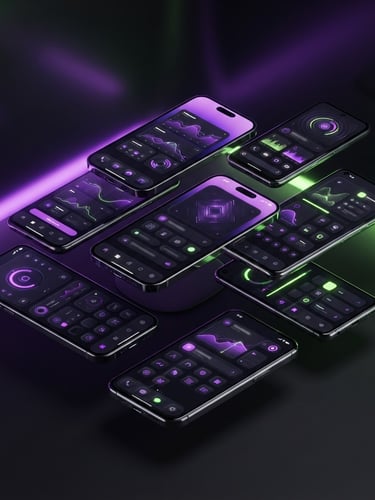 Sleek 3D render of isometric iOS and Android mobile device mockups, glowing purple and neon green ambient backlighting, high-fidelity dark mode UI screens, high-contrast studio lighting.