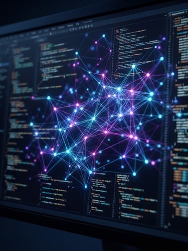 Macro close-up of a sleek dark-mode UI on a monitor, code blocks and glowing node networks visible, moody low-key studio lighting with neon accent glows.
