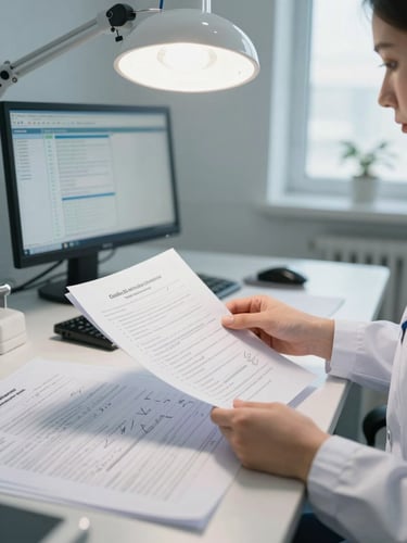 Wide environmental shot of an occupational health professional at a desk reviewing regulatory documents under clinical overhead light, documents spread across the surface with handwritten annotations visible, a computer screen in the background showing data charts, natural window light from the right side, no faces visible, professional and credible atmosphere