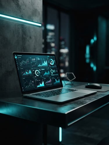 Futuristic editorial photography of a minimalist workspace with a laptop displaying clean data dashboards, low-key ambient lighting with sharp cyan neon highlights, shallow depth of field, 35mm
