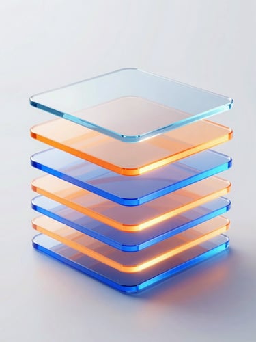 Sleek 3D render of abstract glass layers with glowing orange and blue light paths, clean geometric shapes representing data flow, octane render, high-contrast digital studio lighting