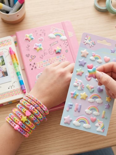 Overhead flatlay of a decorated pink journal, colorful rubber band bracelets on a wrist, and 3D puffy stickers peeling off a pastel sheet on a light wood desk, bright natural daylight
