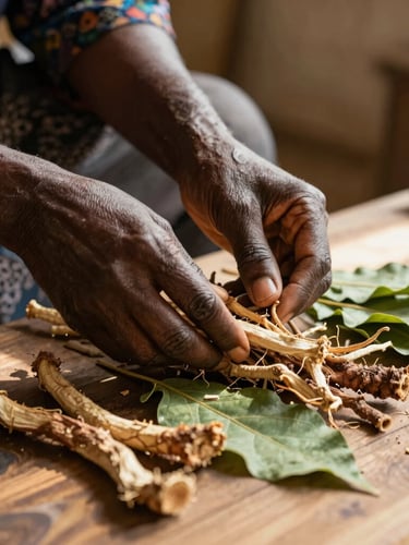 Dignified hands of an African herbalist carefully sorting dried roots and green leaves in a warm-lit wooden room, soft sun rays filtering through.
