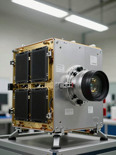 Close-up of a flight-ready scientific payload module secured in an engineering lab, modular sensor bays visible, crisp overhead fluorescent documentation lighting, matte aluminum chassis with labeled connectors and cable harness, no people