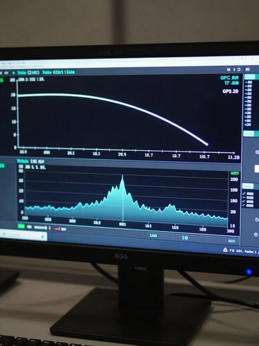Close-up of a telemetry operations dashboard on a high-resolution monitor, flight path trace and altitude graph visible, GPS coordinates overlaid, high-contrast interface with electric blue data lines on dark background, no people, shot straight-on in a dim mission control environment