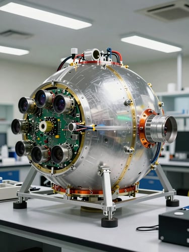 Close-up of a stratospheric payload gondola being integrated in a university engineering lab, flight-ready sensors and circuit boards visible, clean workbench under fluorescent laboratory lighting, engineering precision evident in cable management and mounting hardware, no people visible