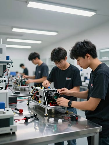 Wide-angle laboratory interior, engineering students integrating sensor payload into a flight chassis on a stainless steel workbench, crisp overhead fluorescent lighting, precision tools and wiring harnesses visible, clean ISO documentation framing