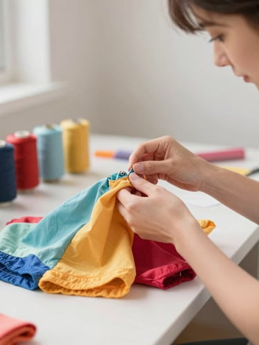 A female artisan carefully sewing a colorful pet garment in a bright, organized workshop, warm natural light, soft focus on the colorful fabrics