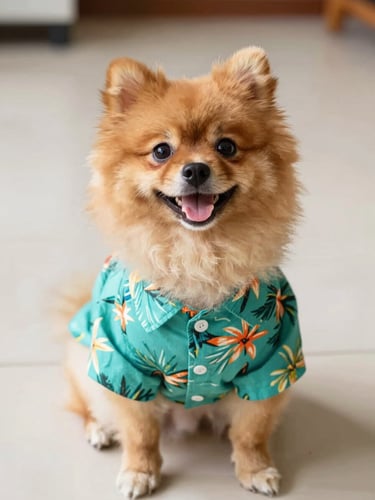 A happy fluffy Pomeranian wearing a bright teal tropical shirt sitting on a clean light floor, eye-level shot, warm natural daylight, cheerful tones