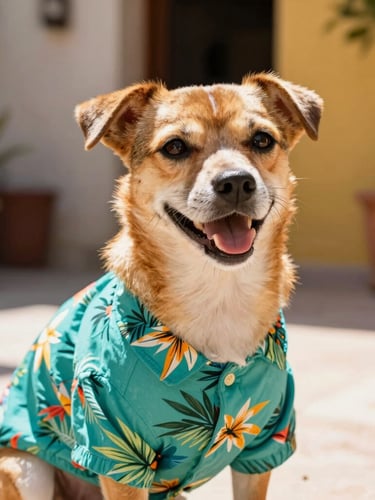 Close-up of a happy small dog wearing a vibrant teal tropical shirt, sitting in a sunlit Mexican patio, warm natural daylight, 35mm lens