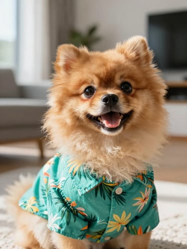 Close-up eye-level shot of a happy fluffy Pomeranian wearing a vibrant teal tropical shirt, sitting in a sunlit modern living room, warm natural daylight, shallow depth of field.