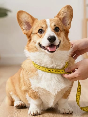 A happy corgi sitting calmly on a wooden floor while a pair of hands gently wraps a yellow measuring tape around its chest, warm natural daylight, soft focus background