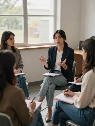 Medium environmental shot, a small group of four women seated in a circle in a real meeting room, afternoon window light, one woman speaking with her hands open, others listening and taking notes, no staged poses, documentary warmth