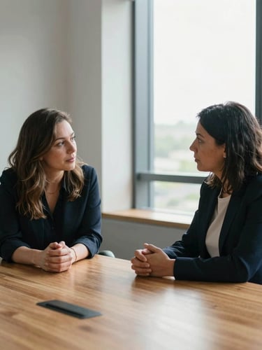 Close-medium shot of two women seated across from each other at a wooden table near a large window, deep in conversation — one leaning forward, hands open on the table, the other listening with full attention. Natural daylight fills the frame from the right. Ages differ by roughly fifteen years. Real office or community room setting, no staged elements.